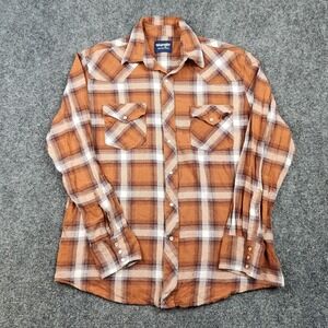 Wrangler Western Shirt Mens Large Brown Plaid Pearl Snap Long Sleeve Cowboy